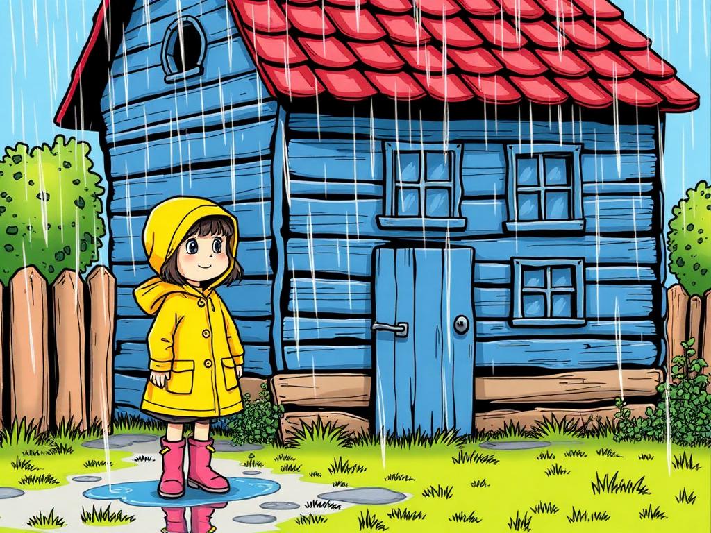 Menina de capa amarela na frente de uma casa azul na chuva