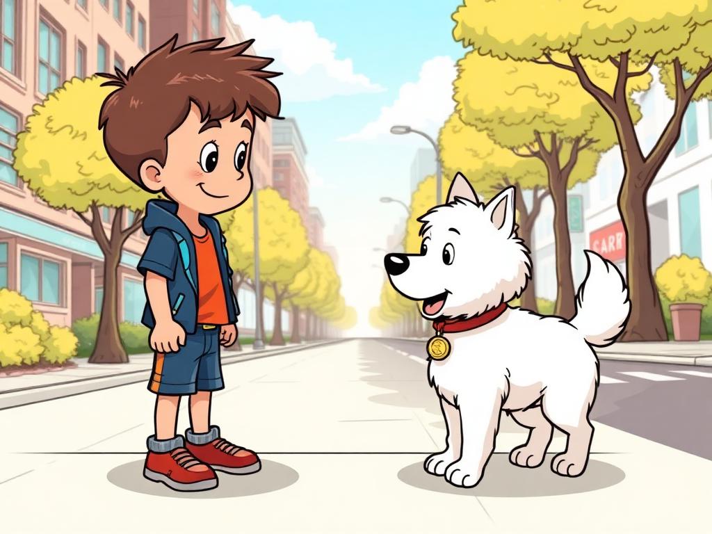 Menino encontrando um cachorro branco com medalha dourada