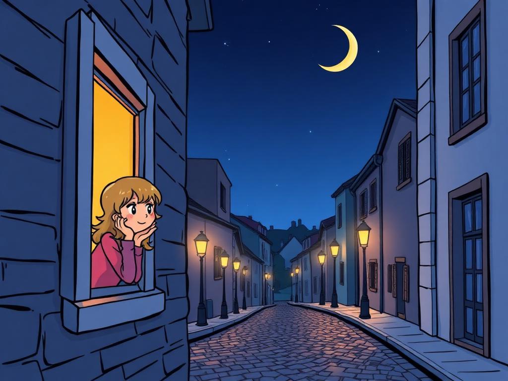 Menina na janela à noite olhando a rua de pedras
